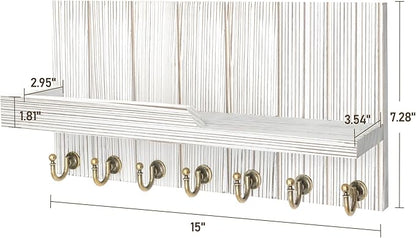 Rebee Vision Farmhouse Key and Mail Holder for Wall - Decorative Mail Organizer Wall Mount with 7 Hooks and Mounting Hardware - Elegant Key Hanger for Entryway and Home Wall Decor (Whitewash,15-inch)