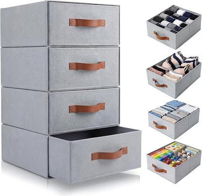 Windyun 4 in 1 Stackable Storage Drawers Closet Organizer with Dividers for Socks Underwear Bras Scarves Ties Large Dresser Organizer Bins Foldable Clothes Storage Boxes, 12 x 15 x 6 Inch(Gray)