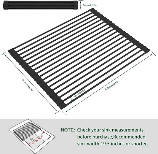 HANZENMA Roll Up Dish Drying Rack Over The Sink Kitchen Roll Up Sink Drying Rack Multipurpose Foldable Sink Drying Mat, Heat-Resistant, Anti-Slip & Anti-Rust Dish Rack for Kitchen, 20.5" x 13", Black