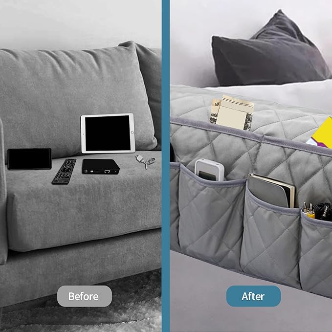 MEHIDFY Armchair Caddy, Waterproof Sofa Armrest Organizer, Non Slip Recliner Organizer, Remote Holder for Recline, Recliner Caddy with 14 Pockets Storage for TV Remote, Phone, Magazine (Grey)