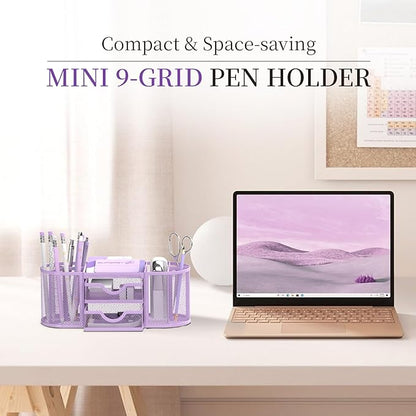 SUPEASY Mesh Desk Organizer, Desk Organizers and Accessories with Drawers, Pen Holder for Desk with 2 Drawers with 9 Compartments for Office Supplies, Purple