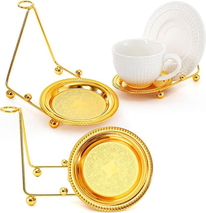 2 Pack Cup and Saucer Display Stand, Gold Teacup Saucer and Spoon Holder with Base, Decorative Plate Storage Rack, Desktop Coffee Mug Organizer for Plates, Bowls, Tablet, Art