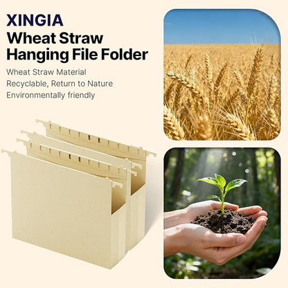 XINGIA Wheat Straw Extra Capacity Hanging File Folder,Letter Size 2 Inch Expanding Plastic File Cabinet Folders,Heavy Duty Hang Folders with Tabs,Accordian Pocket for File Frame Box(Morandi Yellow)