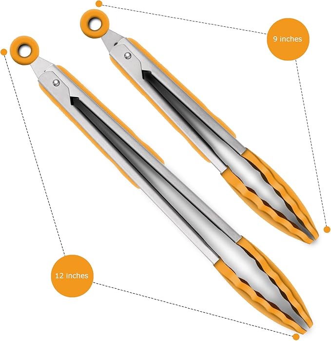 2 Pack Silicone Kitchen Tongs – 9" & 12" Set, Heat Resistant up to 500°F, Non‑Stick Cookware Safe, Wavy Silicone Tips, BPA Free, Locking Clip & Hanging Loop, Orange