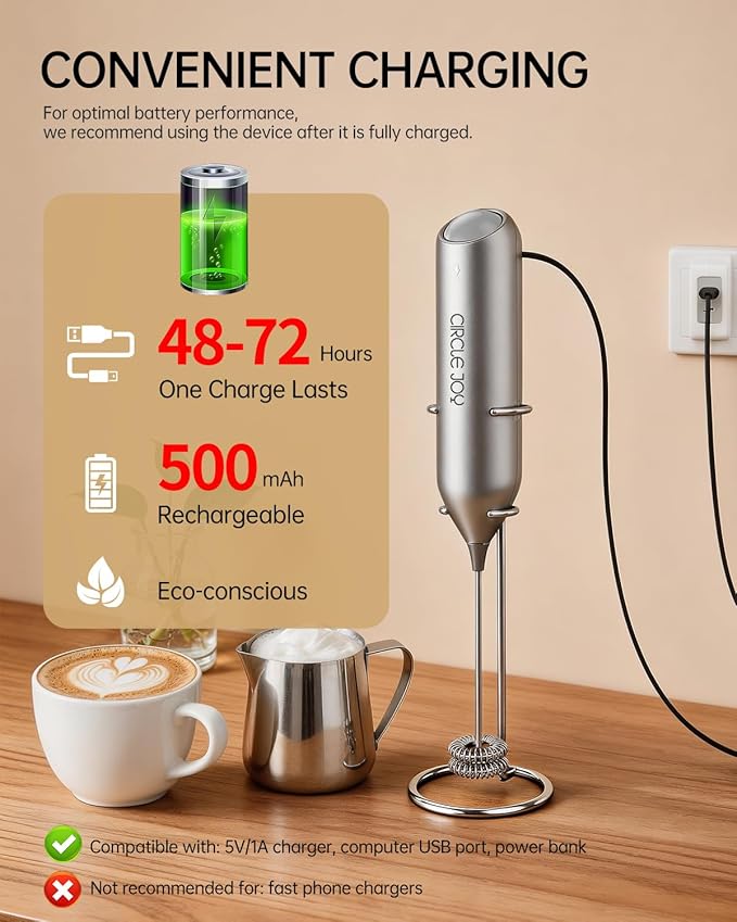 CIRCLE JOY Rechargeable Milk Frother Handheld with Stand, Dual Spring Whisk Electric Foam Maker, Detachable Hand Frother Wand Drink Mixer for Lattes, Cappuccino, Macchiato, Hot Chocolate, Silver