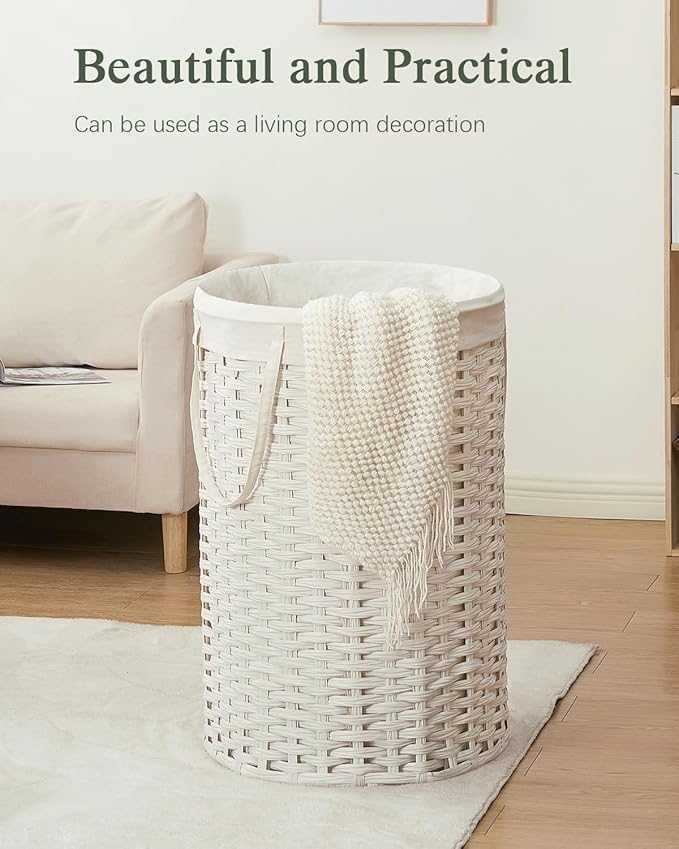 34.3 Gal (130 L) Large Laundry Hamper Laundry Basket Round Handwoven Wicker Laundry Baskets Rattan Laundry Basket with Removable Bag Handles 2 Mesh Bags for Living Room Bedroom White (No Lid)