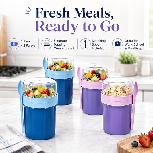 27oz Reusable Yogurt Parfait & Overnight Oats Cups – 100% Leakproof with Lid & Spoon, 4-Pack for Meal Prep, Breakfast & Gym Lunch(Purple,Blue)