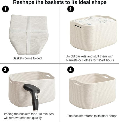 Large Storage Baskets for Organizing Shelves, Woven Cotton Rope Bins for Baby Nursery Organization, Book Toy Towel Organizer, 17"x13"x9.5", 3 Packs, Off White