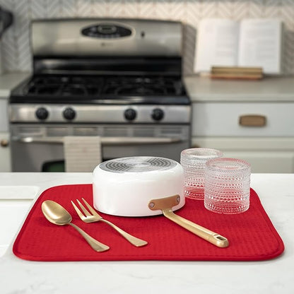 S&T INC. Dish Drying Mat XL, 18” x 24”, Absorbent Microfiber Kitchen Counter Mat, Dish Drying Pad for Dishes, Utensils, Pots and Pans, Extra Large, Red