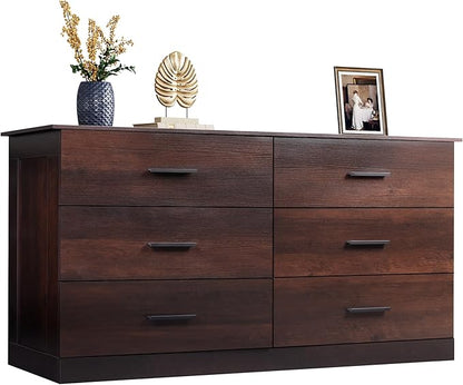 WLIVE Wooden Dresser for Bedroom, Wide Chest of Drawers with 6 Drawers, Large Brown Storage Tower Unit, Modern Minimalist Closet Store Organizer for Living Room, Hallway