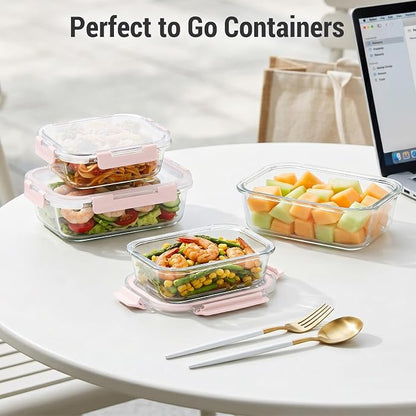 Dealusy 10 Sets (20-Piece) 4.5 Cup & 1.5 Cup Glass Food Storage Containers with lids, Airtight Leak-proof Glass Meal Prep Containers with Lids, Microwave Oven Freezer Dishwasher Safe, Pink