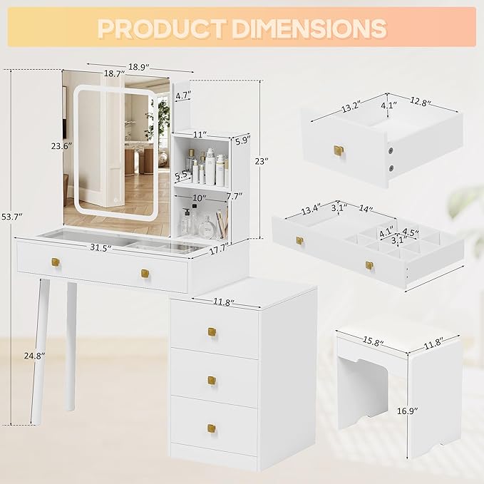 KAMABOKO Vanity Desk with Sliding Mirror and Lights, Makeup Vanity Table with 4 Drawers & Storage Rack &Power Outlet & Stool, White Dressing Table with Glass Transparent Top for Bedroom