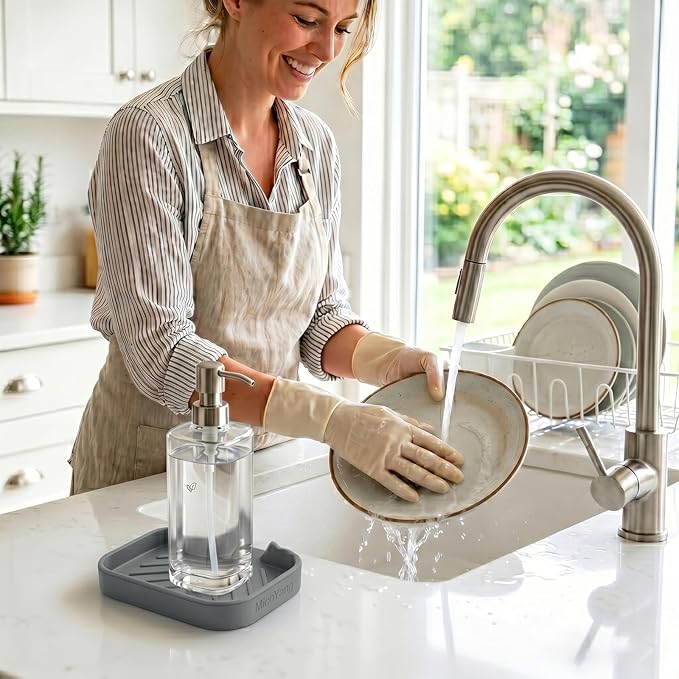 MicoYang Silicone Soap Dish with Drain Spout, Self-Draining Sink Organizer Tray for Bathroom and Kitchen, Sponges, Dispensers and Soap Holder, Non-Slip and Dishwasher Safe, Grey (Compact, 4.9"×3.2")