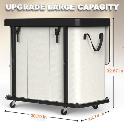 230L (60 Gal) Large Fashion Laundry Basket with Wheels, Leather Patchwork Laundry Sorter 3 Section, Sturdy Metal Frame, Removable Washable Bag, Tall Clothes Sorter for Bedroom - Beige