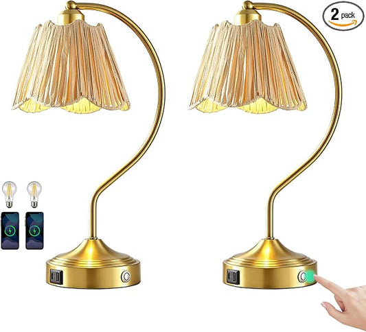 Set of 2 Boho Rattan Small Touch Table Lamps with USB C+A Ports | Bedroom Farmhouse Lamp and Retro Rattan Shade for Living Room Entryway Office, LED Bulbs Included