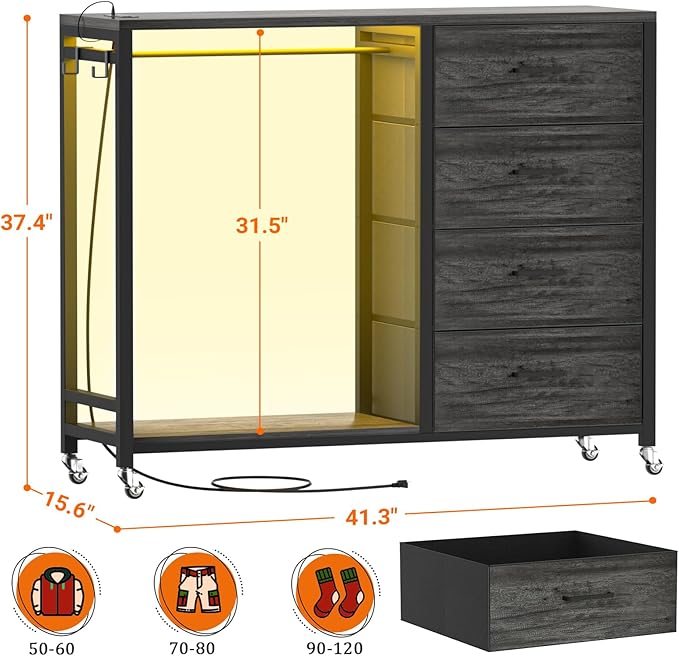 Cyclysio Dresser with Hanging Rack, 4 Fabric Drawers Dresser with Clothes Rack, Wooden Top Storage Chest of Drawers with Charging Station & LED Lights, Lockable Wheels, Closet