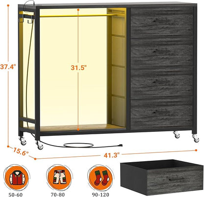 Cyclysio Dresser with Hanging Rack, 4 Fabric Drawers Dresser with Clothes Rack, Wooden Top Storage Chest of Drawers with Charging Station & LED Lights, Lockable Wheels, Closet