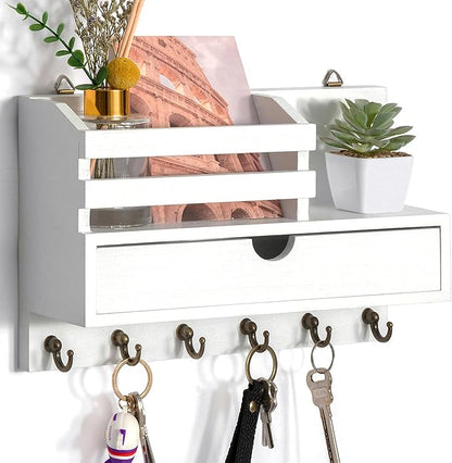 Key and Mail Holder for Wall, Mail Organizer Wall Mount with 6 Hooks and Storage Drawer, Wooden Key Rack Hanger with Shelf for Entryway and Home Decor