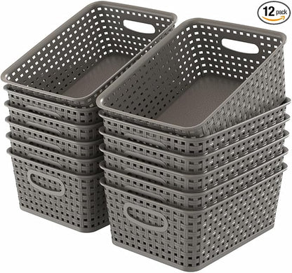 WYT 12-Pack Plastic Small Shelf Storage Weave Baskets for Organizing, Grey