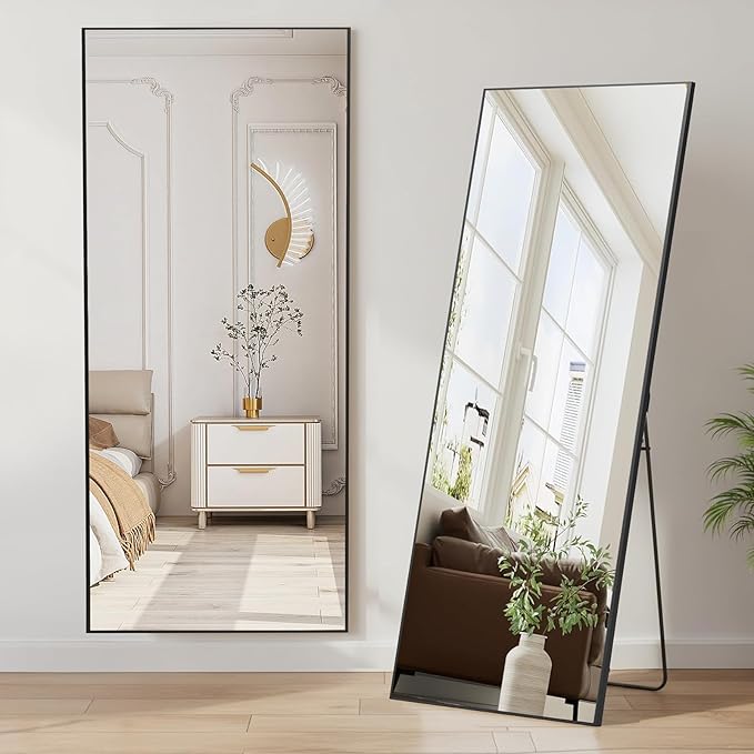 NEWBULIG Mirror Full Length, 64"x21" Body Wall Mirrors with Shatter-Proof Glass, Upgraded Floor Standing Mirror, Hanging or Leaning, with Stand Aluminum Alloy Frame for Home Decor, Bedroom, Black