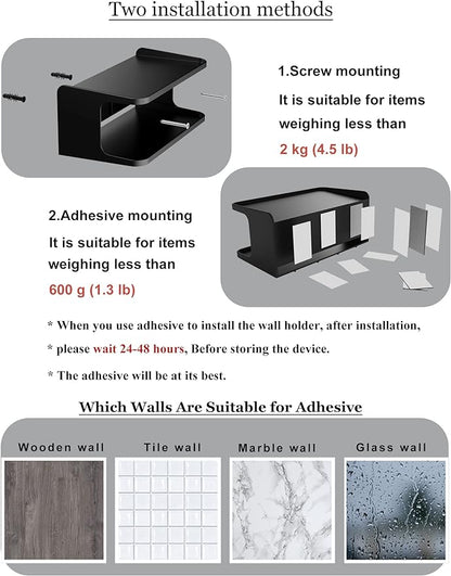 Bedside Wall Shelf Organizer Small Bedside Shelf Wall Mount for Bed Universal Stick on Wall Shelf Double Tray Holder for Storing Cellphone, Glasses, Keys, Camera, Alarm Clock (Black)