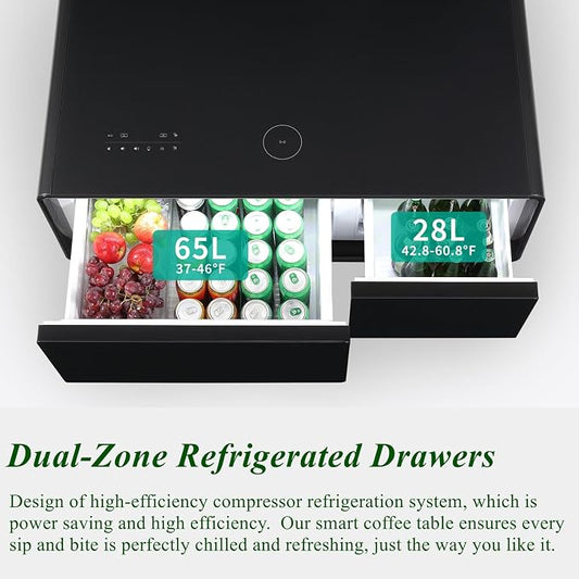 Smart Coffee Table with Fridge and Bluetooth Speakers, Smart Refrigerator Table with 15W Wireless Charger, Touch Control Panel, USB Port, Atmosphere Light and More, LT90 Pro-Black
