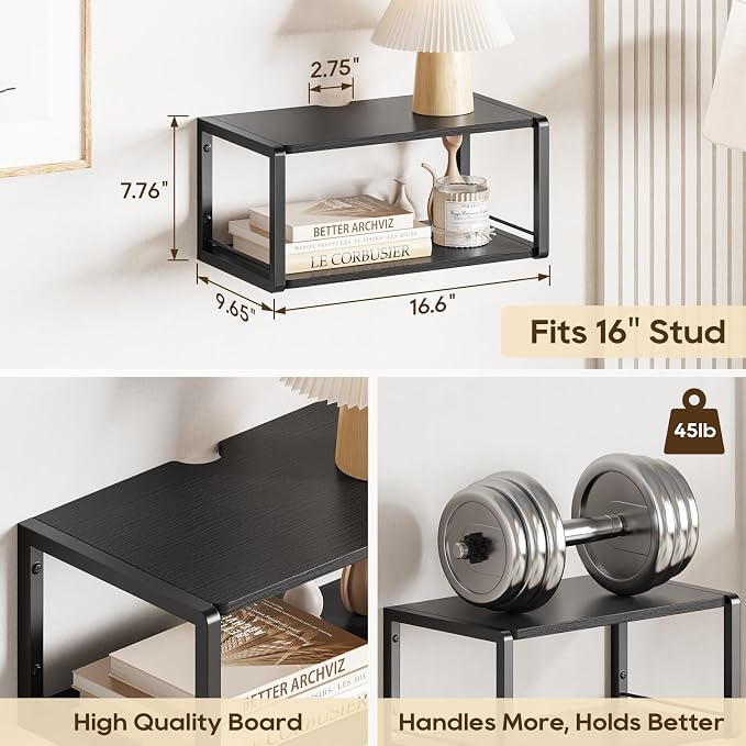 Floating Nightstand Set of 2, Wood Bedside Shelf Wall Mounted Nightstand with Heavy-Duty Frame, Floating Bedside Table for Bedroom, Living Room, Bathroom, Kitchen, (Vintage Black, 2 Pack)