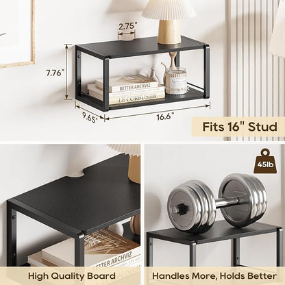 Floating Nightstand Set of 2, Wood Bedside Shelf Wall Mounted Nightstand with Heavy-Duty Frame, Floating Bedside Table for Bedroom, Living Room, Bathroom, Kitchen, (Vintage Black, 2 Pack)
