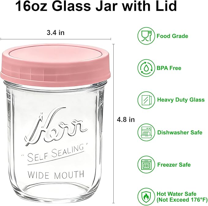 6-Pack Wide Mouth Mason Jars with Lids, 16 oz Overnight Oats Jars Containers with Lids, Glass Meal Prep Food Storage Containers for Oatmeal, Chia Seed Pudding, Yogurt, Snacks, Salads, Fruit, Spice