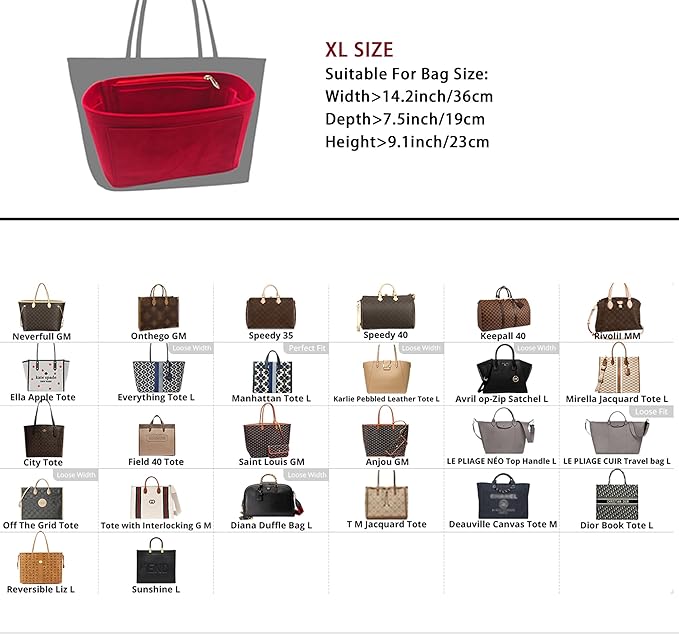 Purse Organizer Insert, Suede Bag Organizer Handbag Tote Shaper, Suede Material, Soft and Non Damaging Bag (X-Large,Red)