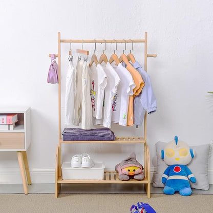 Kids Clothing Rack with Adjustable Rods, Children Clothes Garment Rack for Kids Baby Pet, Kids Dress Up Rack with 2 Bottom Shelves, Kids Wardrobe Closet for Toddlers Nursery (Natural)