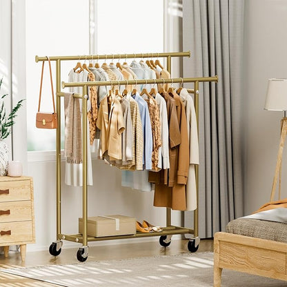 HYSEYY Clothes Rack, Double Rods Rolling Clothing Rack for Hanging Clothes, Portable Garment Rack with Wheels, Coat Rack Wardrobe Closet Load 240 LBS for Bedroom Laundry Room (Glod, L)