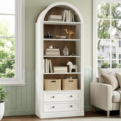 Farmhouse Arched Bookshelf Set of 2, 7 Tiers Arch Bookcase with 2 Spacious Drawers, Modern Book Shelf with Open Display Shelves and Storage Cabinet, for Office, Living Room, Walnut and White