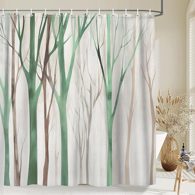 MERCHR Brown Green Tree Fabric Shower Curtain, Art Style Abstract Birch Forest Rustic Wood Polyester Fabric Waterproof Bath Curtain, Farmhouse Bathroom Shower Curtains with Hooks 72X72 Inch