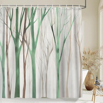 MERCHR Brown Green Tree Fabric Shower Curtain, Art Style Abstract Birch Forest Rustic Wood Polyester Fabric Waterproof Bath Curtain, Farmhouse Bathroom Shower Curtains with Hooks 72X72 Inch