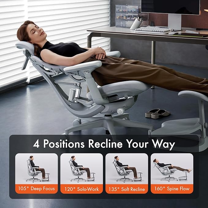 LiberNovo Dynamic Ergonomic Office Chair - Comfy Adjustable Desk Chair with Adaptive Lumbar Support, 160° Recline & Built-in Spine Stretch for Back Comfort, Home Office Long Hours Use, Gray+45cm