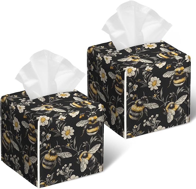 Honeybee White Daisy Tissue Box Cover 2PCS, Leather Tissue Box Holder Square Facial Paper Case Tissue Box Cube Organizer for Bathroom Bedroom Desk Office