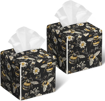 Honeybee White Daisy Tissue Box Cover 2PCS, Leather Tissue Box Holder Square Facial Paper Case Tissue Box Cube Organizer for Bathroom Bedroom Desk Office
