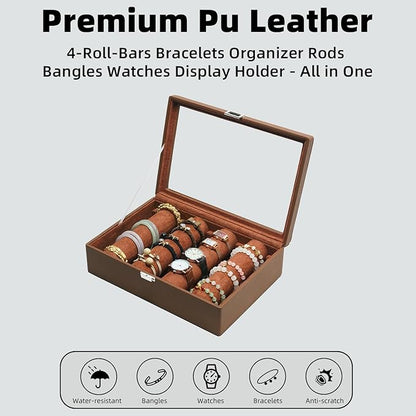 Bracelets Organizer Rods Bangles Display Holder, Clear See through Lid Leather Velvet Jewelry Storage Box Case for Women, 4 Rods Brown Leather