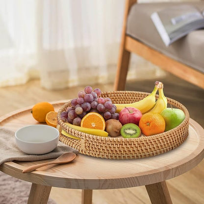 Whalehub Round Rattan Serving Tray with Handles, Hand Woven Basket, Home Decor Organizer Tray for Breakfast, Tea, Snack, Fruit, Coffee,Storage (Medium)(11.9inchX1.7inch)