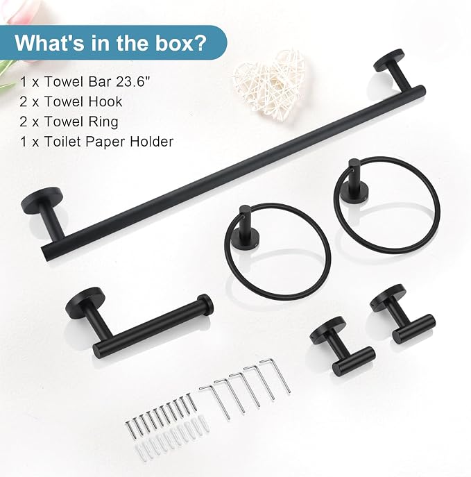 TQKAG Matte Black Bathroom Hardware Set 6-Piece Bathroom Accessory Set 23.6 Inch Round Stainless Steel Towel Bar Set Wall Mounted