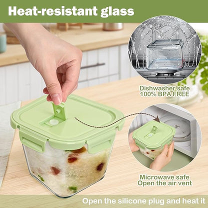 Glass Soup Containers with Lids - 4 Cup Borosilicate Glass Storage Containers, Freezer to Microwave Safe, Airtight Leak Proof, 32oz Square Soup Meal Prep Containers for Lunch Travel- 4 Pack