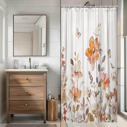 Orange Floral Shower Curtain, Orange Lavender Floral Butterfly Boho Shower Curtains for Bathroom, Farmhous Flower Cute Fabric Shower Curtain Set with 12PCS Hooks, 70X75IN