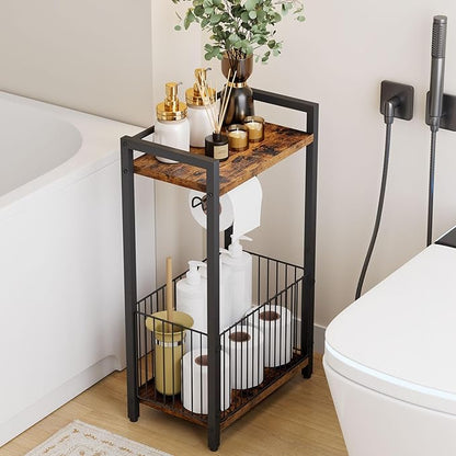 IBUYKE Freestanding Toilet Paper Holder Stand with Storage Shelf,Bathroom Toilet Tissue Roll Dispenser with Extra Space for Rolls, Magazines, Wet Wipes Brown TLJ020H