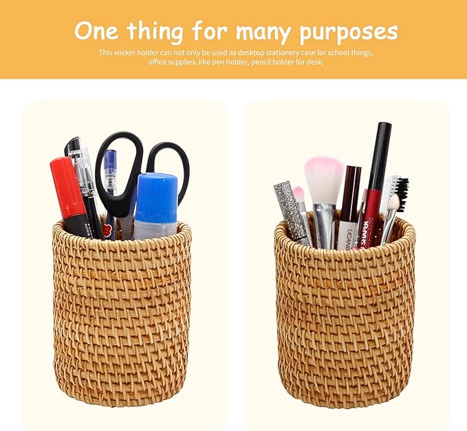 2 Pack Rattan Pencil Holder for Desk Handmade Pen Organizer Bucket Boho Desk Accessories Pen Cup Holder Aesthetic Holder for Desk Cute