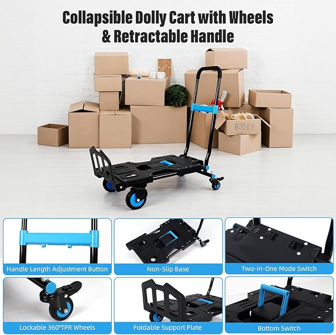 Folding Hand Truck, Collapsible Dolly Cart with Wheels, 330lbs Capacity Hand Dolly Heavy Duty with Retractable Handle, Ideal for Home, Auto, Office,Travel Use