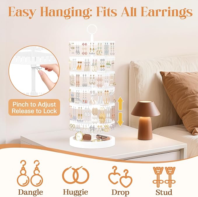 iDavosic.ly 6 Tier Rotating Earring Holder Organizer with Wooden Tray, Large Dangle Display Stands Tree with 342 Plastic Grooves, Adjustable Hoop Storage Rack, Space Saving Tower, White