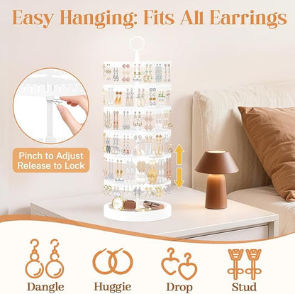 iDavosic.ly 6 Tier Rotating Earring Holder Organizer with Wooden Tray, Large Dangle Display Stands Tree with 342 Plastic Grooves, Adjustable Hoop Storage Rack, Space Saving Tower, White
