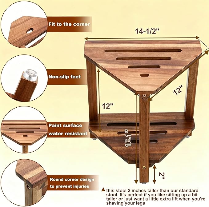 IBosins Corner Shower Stool with Storage Shelf Shower Foot Rest for Shaving Legs Small Bench for Inside Shower to Sit on Bath Seat - Acacia Wood, 16.1in