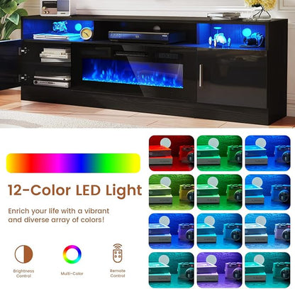 MXV 70" Fireplace TV Stand with Power Outlet for TVs UP to 80", Electric Fireplace Entertainment Center with LED Lights & Storage Cabinets, TV Console for Living Room, Office, Black-Black